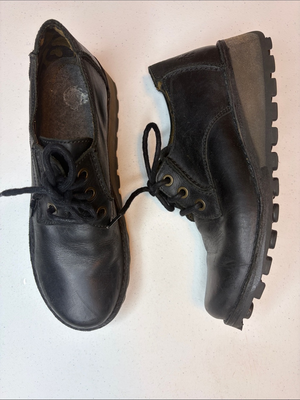 Fly London Black Leather Ruda Lace-Up Oxford Wedge Shoes - Size 40 / US 9